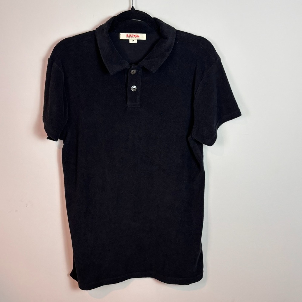 VTG Birdwell Mens Black Terry Short Sleeve Cotton Blend Polo sz Medium Beach